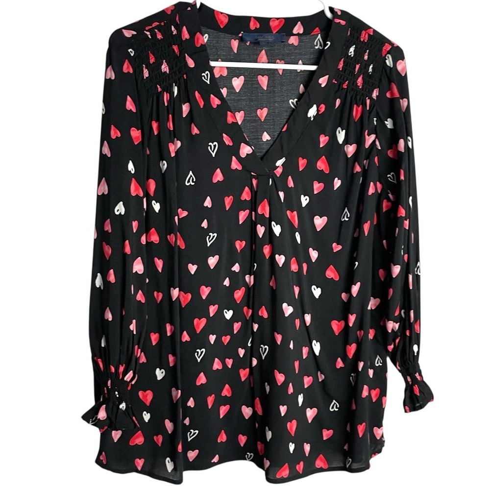 Rachel Zoe Womens Heart Popover Top Blouse Sz L Black V Neck Valentines Day Love
